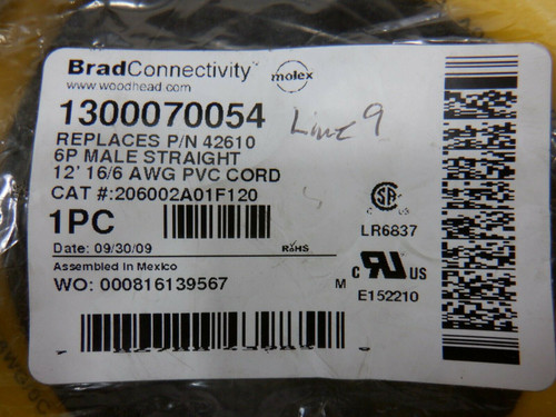 BradConnectivity 206002A01F120 1300070054 Replaces 42610 6P Male Str 12' 16/6 AW