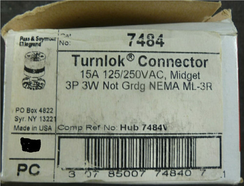 Legrand Pass & Seymour 7484 15A 125/250V 3P 3W Nema ML-3R Turnlock Midget Conn