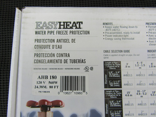 Easy Heat AHB 180 Water Pipe Heating Cable 560 Watt 120V 80FT - New