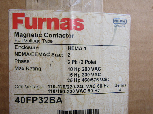 Furnas 40FP32BA Magnetic Contactor Size 2 Nema 1 3Ph 25HP 460V 120/240V Coil