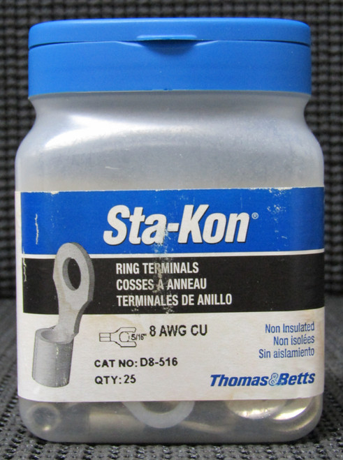 THOMAS & BETTS D8-516 8AWG 5/16" NON-INSULATED RING TERMINAL â€“ LOT OF 25