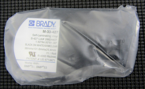 BRADY M-33-427 4"x1.5"x1" BLACK ON WHITE/CLEAR SELF LAMINATING VINYL - NEW IN BOX