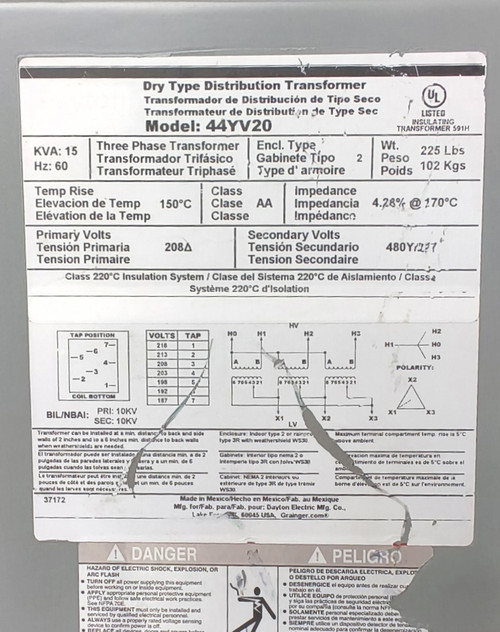 Dayton Dry type 44YV20 15KVA 3Ph 208-480Y/277 60Hz