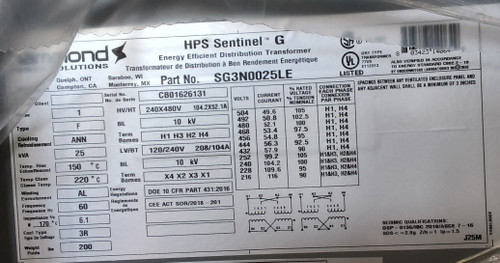 Hammond SG3N0025LE 25KVA 120/240v-240X480v 1Ph 60Hz N3R