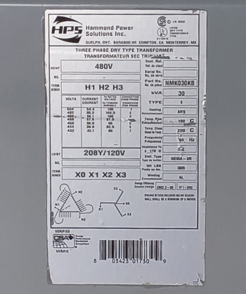 Hammond NMK030KB 30KVA 208Y/120V-480V 3Ph 60Hz