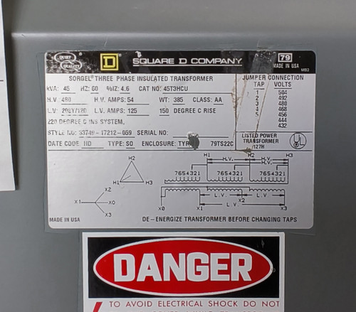 Square D 45T3HCU 45KVA  480-208Y/120 3Ph 60Hz N1