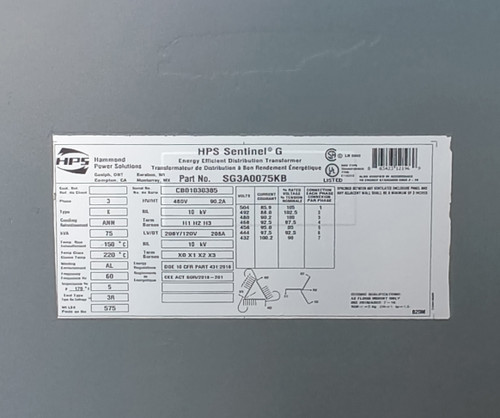 R-Hammond SG3A0075KB 75KVA 480v-208Y/120v 3Ph 60Hz N3R