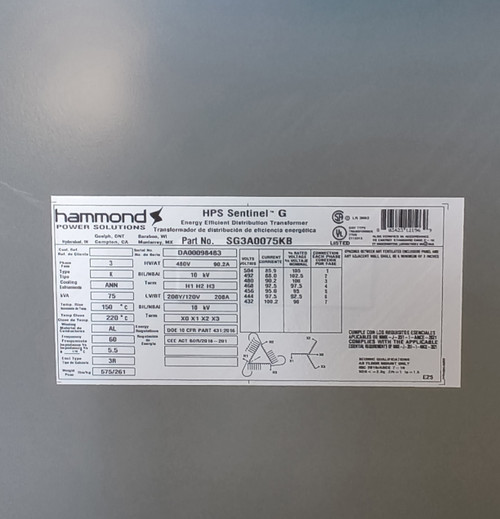 N-Hammond SG3A0075KB 75KVA 480v-208Y/120v 3Ph 60Hz N3R