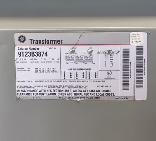 R-General Electric 9T23B3874 75KVA 480v-208Y/120v 3Ph N1