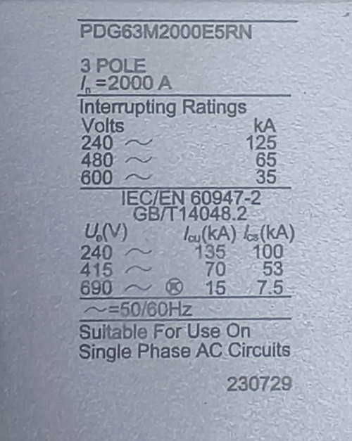 Eaton PDG63M2000E5RN 2000 Amp 3 Pole 50/60Hz Circuit Breaker
