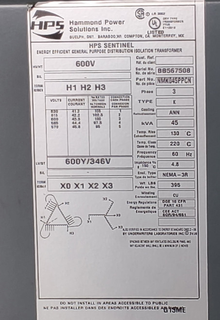 Hammond NMK045PPCN KVA 45 600V-600Y/346V 3Ph 60Hz Nema 3R