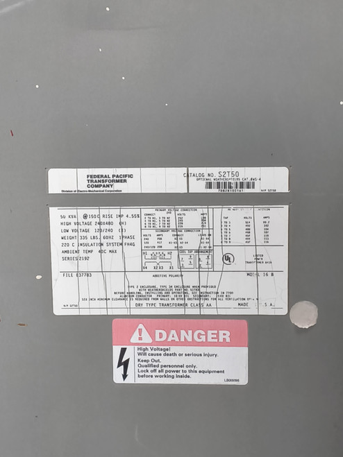 UT-Federal Pacific S2T50 KVA 50 240X480-120/240 1Ph 60Hz N1 Used