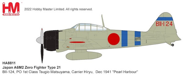 Hobby Master Japan A6M2 ZeroType 21 BII-124, PO 1st Class Tsugio Matsuyama, Carrier Hiryu,  Dec 1941 "Pearl Harbour"  1/48 HA8811