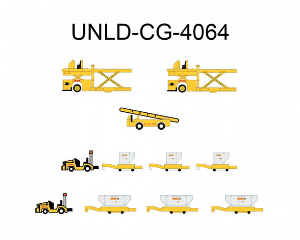 DHL GSE Cargo Loaders, Tows, Dollies and Container set UNLD-CG-4064 1/400