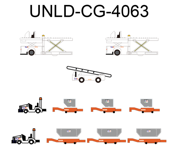 FedEx GSE Cargo Loaders, Tows, Dollies and Container set UNLD-CG-4063 1/400