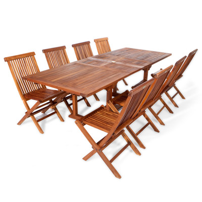 All Things Cedar 9-Piece Twin Butterfly Leaf Teak Extension Table Folding Chair Set with Cushions - Cedar