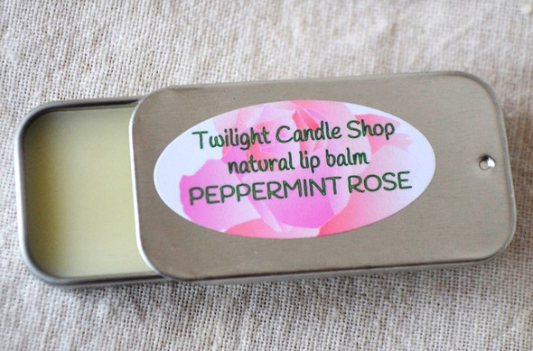 Peppermint Rose natural lip balm in old-fashioned sliding tin