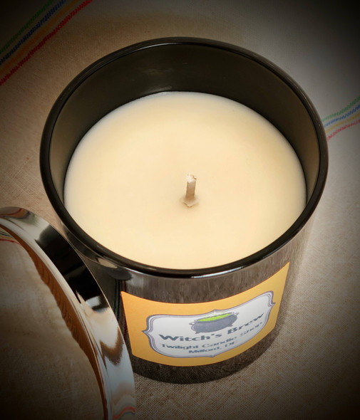 Witch's Brew soy candle in black glass jar