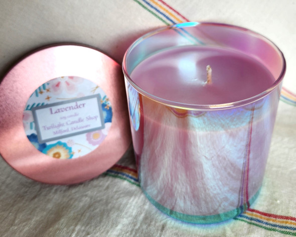 Lavender soy candle in reflective rainbow jar