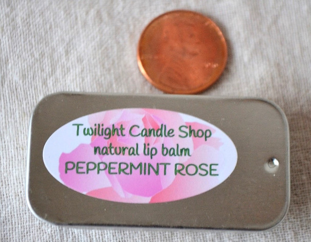 Peppermint Rose natural lip balm in old-fashioned sliding tin