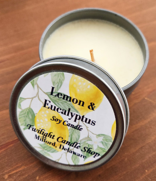 3-ounce travel tin soy candle, lemon eucalyptus