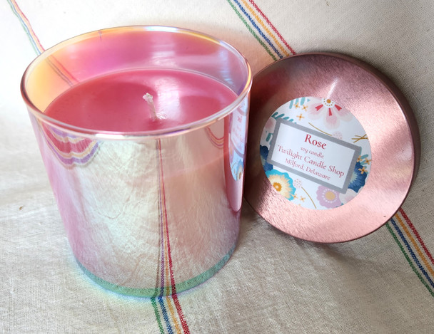 Rose soy candle in reflective rainbow jar