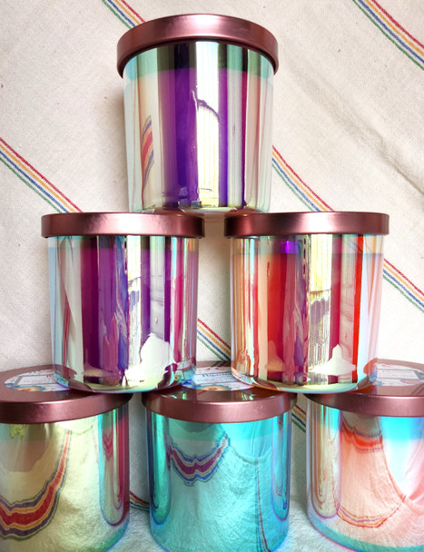 Lavender soy candle in reflective rainbow jar