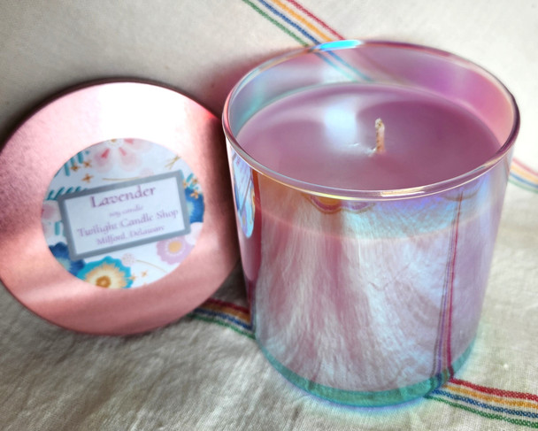 Lavender soy candle in reflective rainbow jar