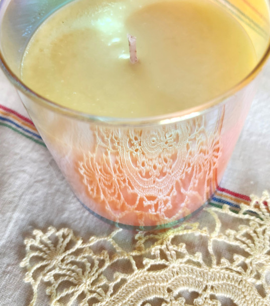 Honeysuckle Jasmine soy candle in reflective rainbow jar