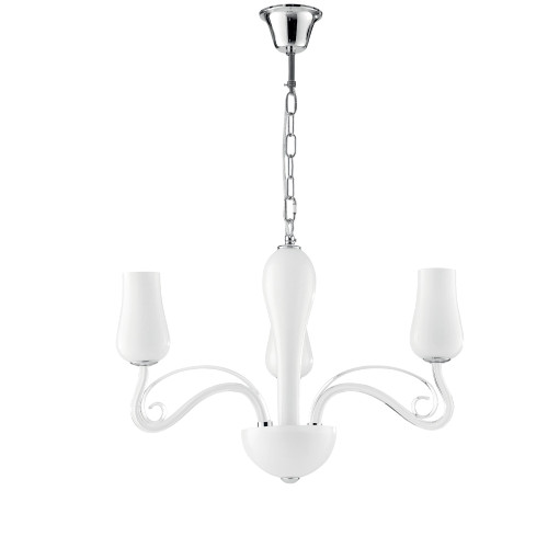 Sospensione ANGEL in vetro bianco a tre luci con dettagli cromati e trasparenti Sospensione ANGEL in vetro bianco a tre luci con dettagli cromati e trasparenti