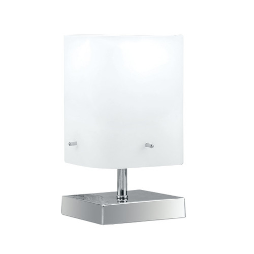 Lampada da tavolo in metallo cromato e diffusore in vetro bianco