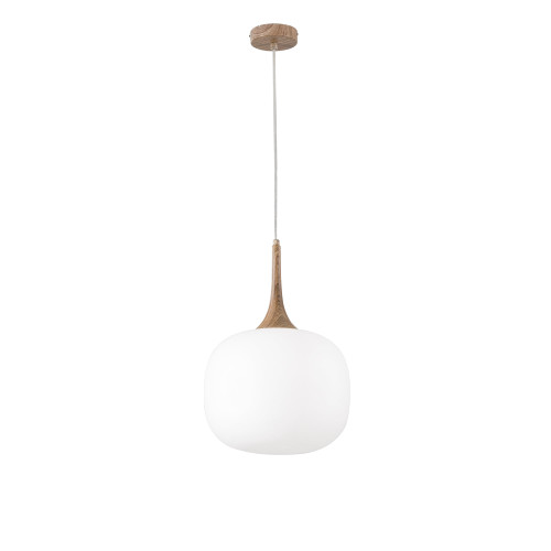 Sospensione JAIPUR in metallo color legno e diffusore in vetro bianco 30 cm.