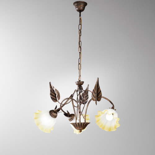 Lampadario TRISTANO in metallo marrone con tre diffusori in vetro bianco
