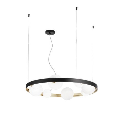 Sospensione SONETTO con struttura in alluminio nero e oro con otto diffusori in vetro Sospensione SONETTO con struttura in alluminio nero e oro con otto diffusori in vetro