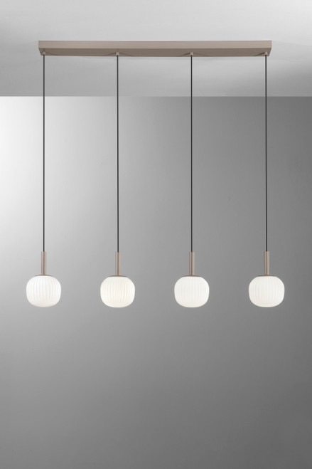 SOSPENSIONE ERIS BIANCO E MARRONE QUATTRO PENDENTI IN ALLUMINIO+VETRO 4XE14 114X16X150CM