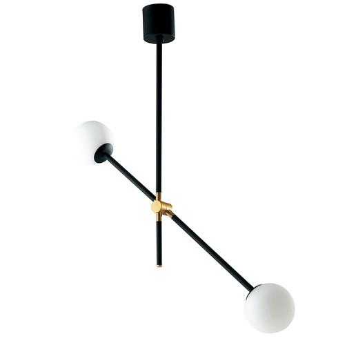 Sospensione ANTITESI in metallo nero e oro con due diffusori in vetro bianco Sospensione ANTITESI in metallo nero e oro con due diffusori in vetro bianco