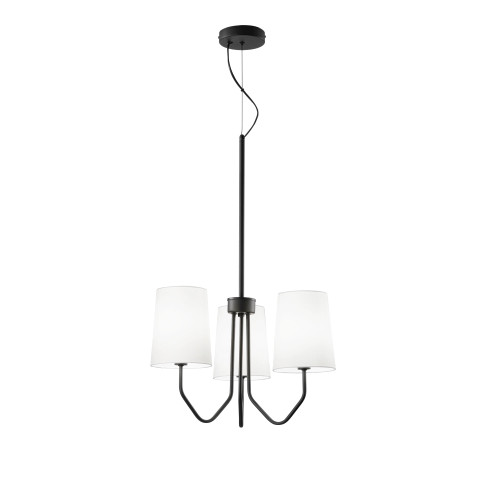 Sospensione SALLY a tre luci in metallo nero con paralumi in tessuto bianco Sospensione SALLY a tre luci in metallo nero con paralumi in tessuto bianco