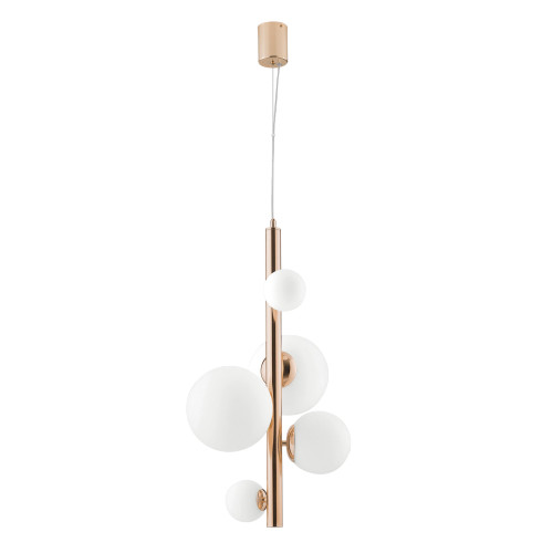 Sospensione HERA in metallo oro cinque diffusori in vetro bianco Sospensione HERA in metallo oro cinque diffusori in vetro bianco