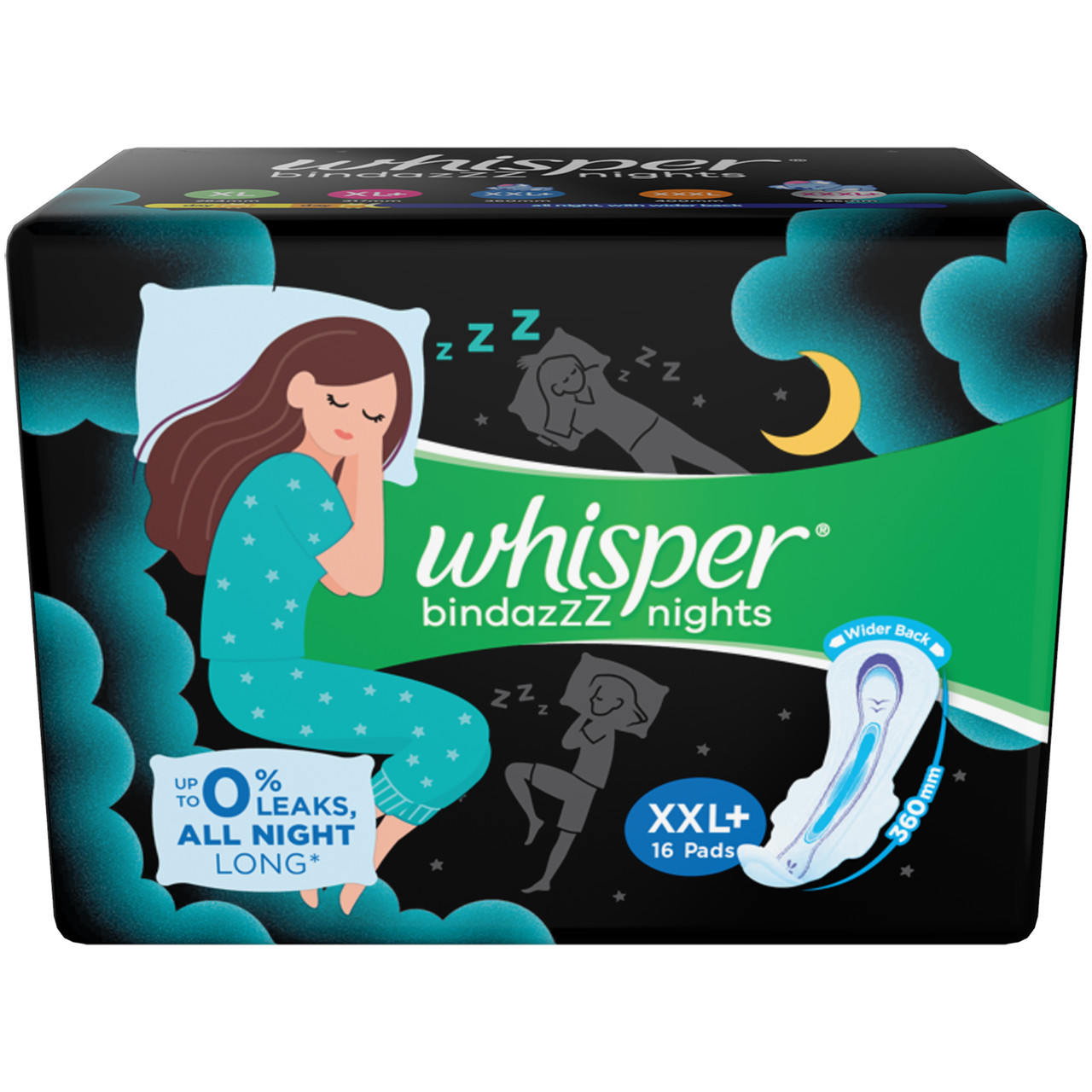 Whisper Sanitary Napkin BINDAZZZ NIGHTS XL+ 15 Pads - zDrop