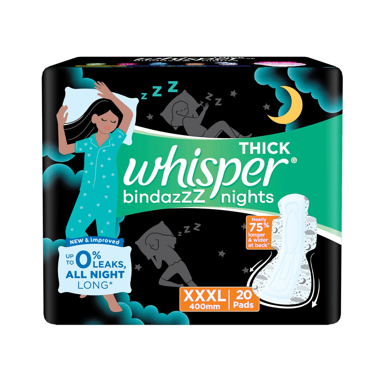 Whisper Bindazzz Night Sanitary Pads, 20 Thick Pads, XXXL