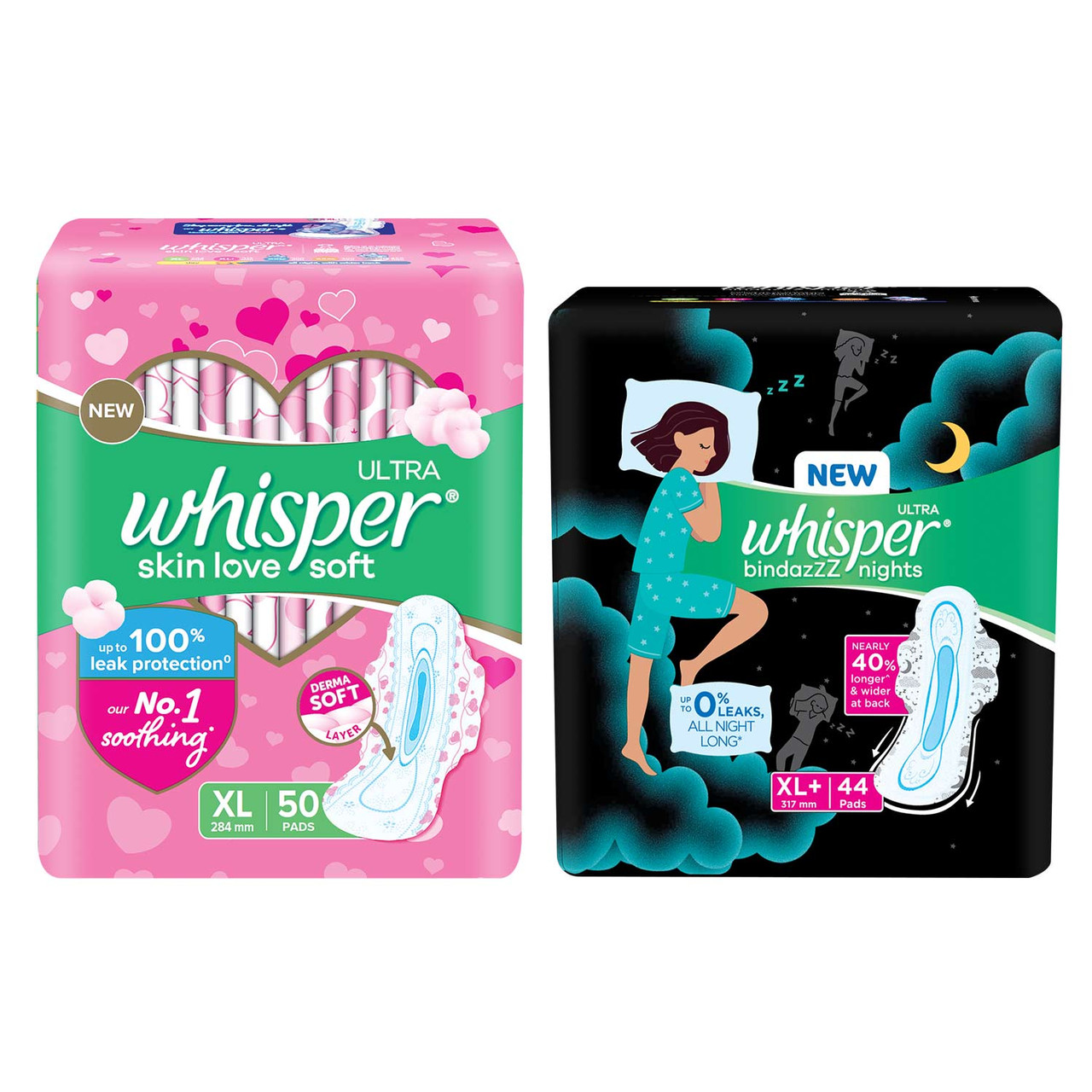 Whisper Ultra Soft Sanitary Pads - 50 Pieces (XL) and Whisper Ultra  Overnight Sanitary Pads with Wings - 44 Pieces (XL Plus)