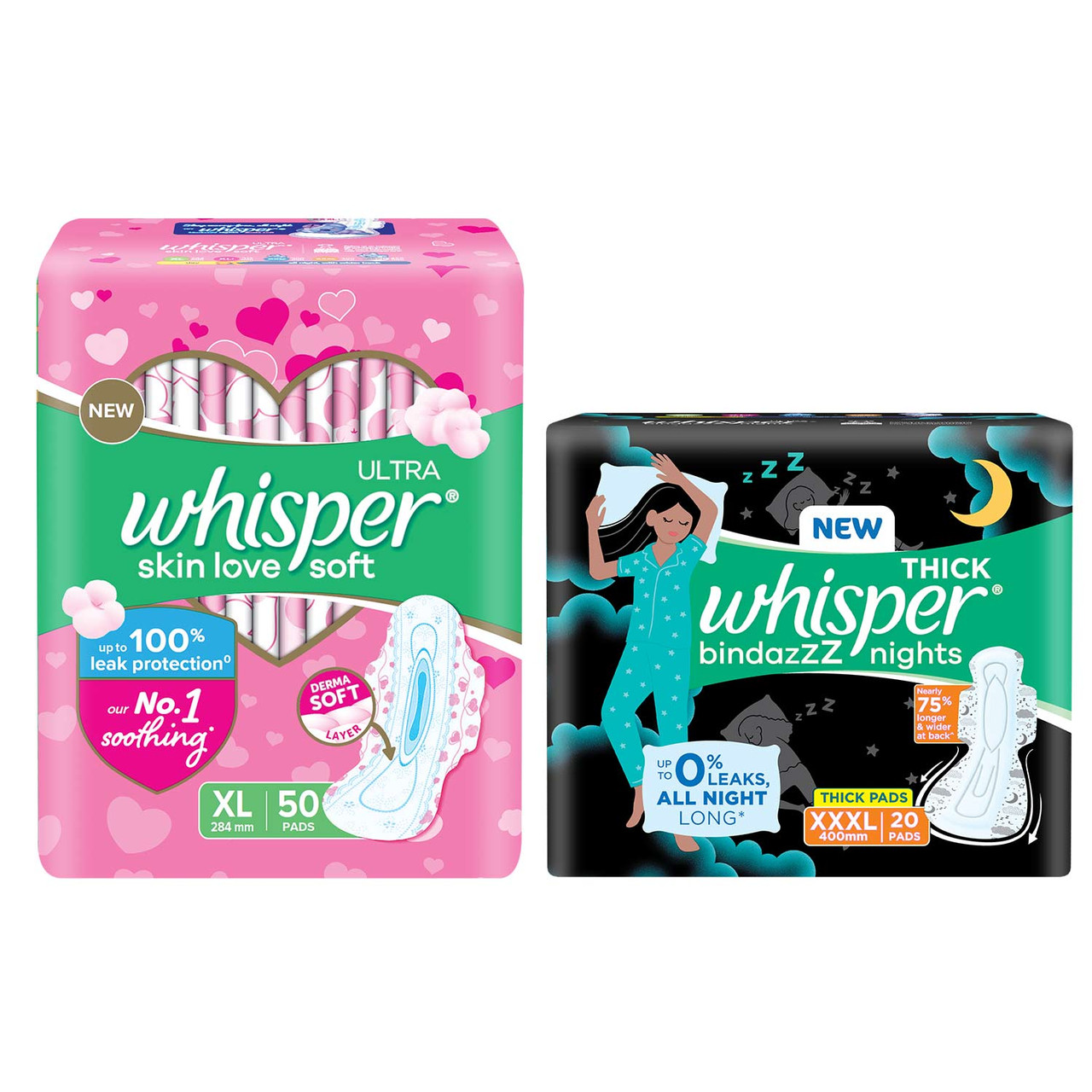 Whisper Bindazzz Night Sanitary Pads, Pack Of 15 Thin Pads, Xl+, Upto 0%  Leaks, 40% Longer & Wider Back, Dry Top Sheet, Long Lasting Coverage, Faster  Absorption, 31.7 Cm Long