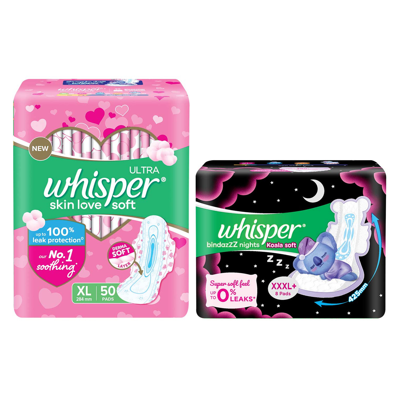 Buy Whisper Bindazzz Night Sanitary Pads, Pack of 44 thin Pads, XL+, upto 0%  Leaks, 40% Longer & Wider back, Dry top sheet, Long lasting coverage, Faster  absorption, 31.7 cm Long