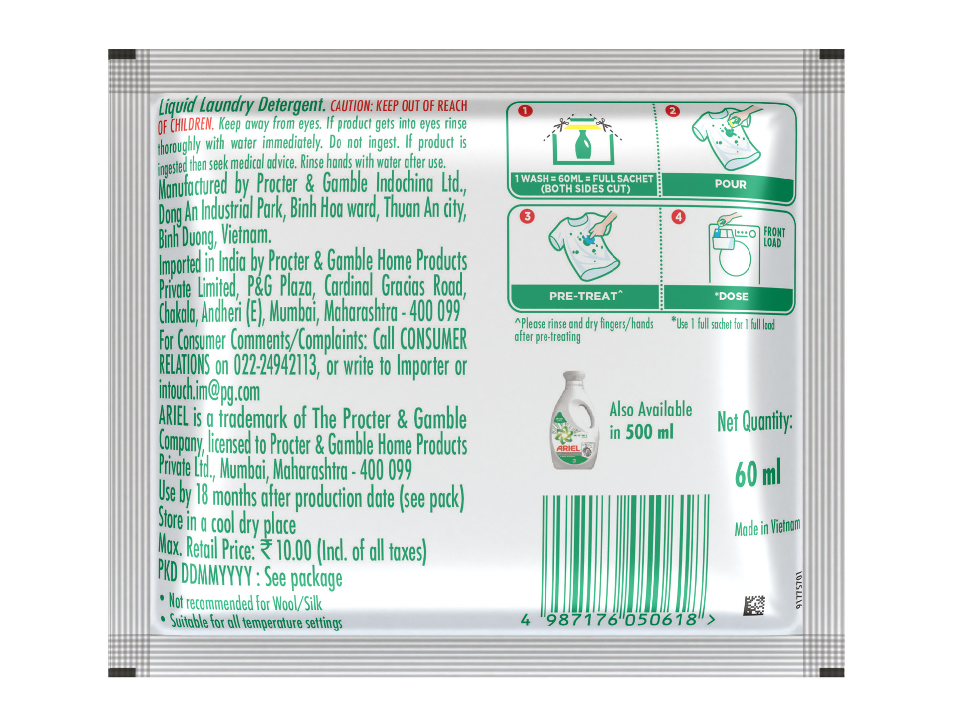 Ariel Liquid Sachet Front Load 60ml