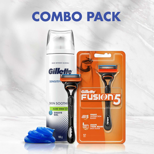 Gillette Fusion Manual Razor for Men with styling back blade for Perfect Shave and Perfect Beard Shape with GILLETTE SENSITIVE SHAVING GEL SOOTHING WITH ALOE VERA