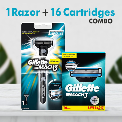 Gillette Mach3 New Blade Razor,  1 Count with Gillette Mach3 Shaving 3-Bladed Cartridges, Pack of 16