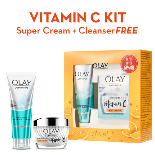 Olay Vitamin C Kit for 2X Glow | Vitamin C Cream with Free Cleanser l 78% Dark Spot Reduction in 4 weeks | 99% Pure Niacinamide l Normal, Oily, Dry & Combination Skin l Parabens & Sulphate free