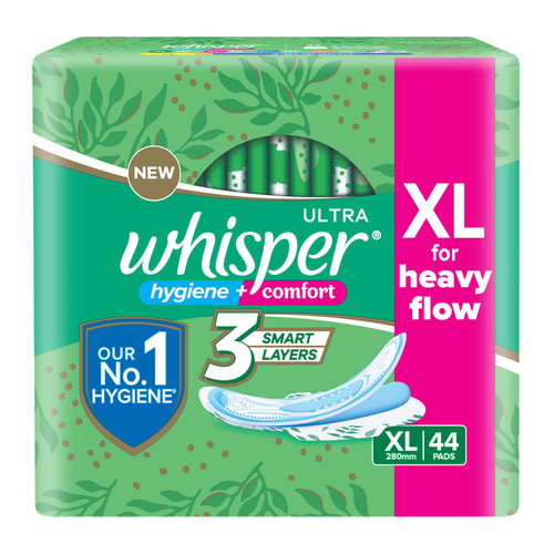 Whisper Ultra Hygiene+Comfort Sanitary Pads, 44 XL Pads, XL for Heavy Flow, Ultimate Protection & Comfort, Locks Odour & wetness, Cotton like soft top layer, Disposable Wrapper