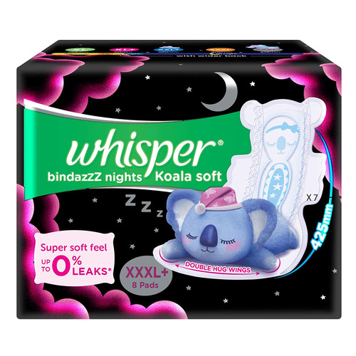 Whisper Bindazzz Night Koala Soft Sanitary Pads|Pack of 8 Pads|XXXL+|upto 0% Leaks|85% Longer & wider back|Super Soft topsheet|Double hug wings|Irritation free|42.5 cm Long|With disposable wrap