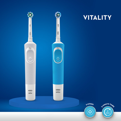 Oral B Vitality 100 White Criss Cross Electric Rechargeable Toothbrush Powered By Braun and Oral B Vitality 100 Blue Criss Cross Electric Rechargeable Toothbrush Powered by Braun